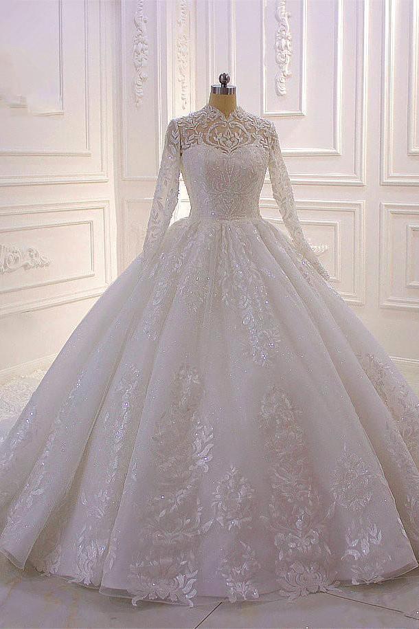Sparkle Lace Ball Gown High Neck Tulle Long Sleevess Wedding Dress