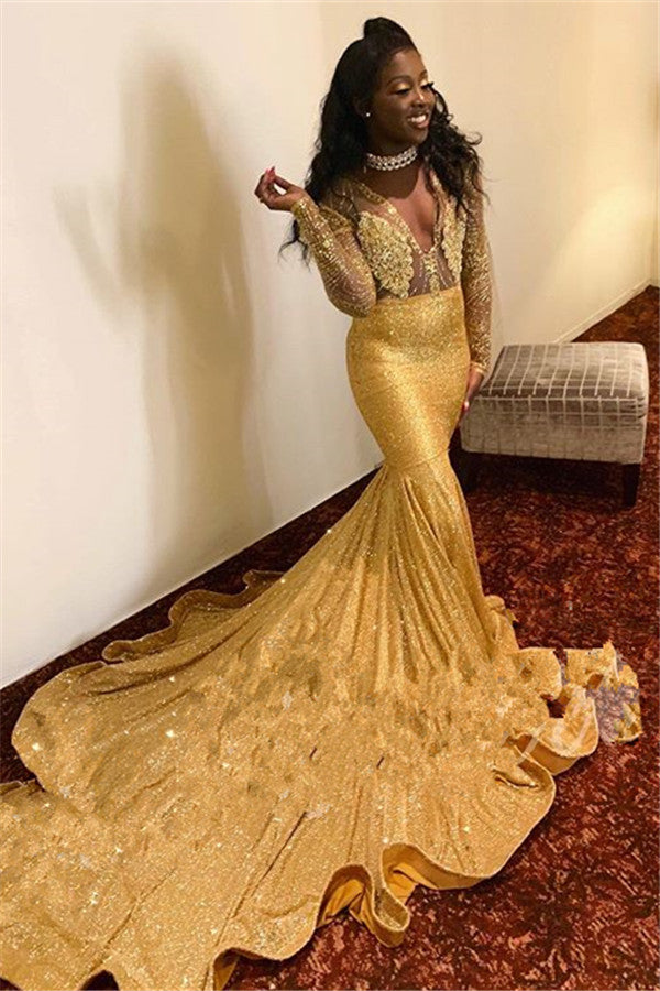 Sparkling Appliques Fit and Flare Prom Dresses Alluring Chic V-Neck Gold Long Sleeves Evening Gowns