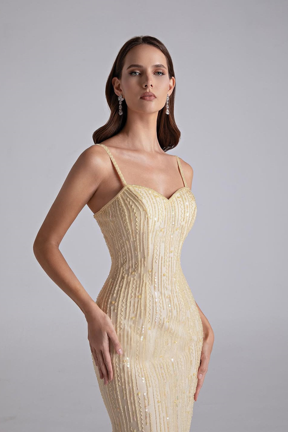 Sparkling Daffodil Spaghetti-Strap Sleeveless Prom Dress Mermaid Beading With Zipper