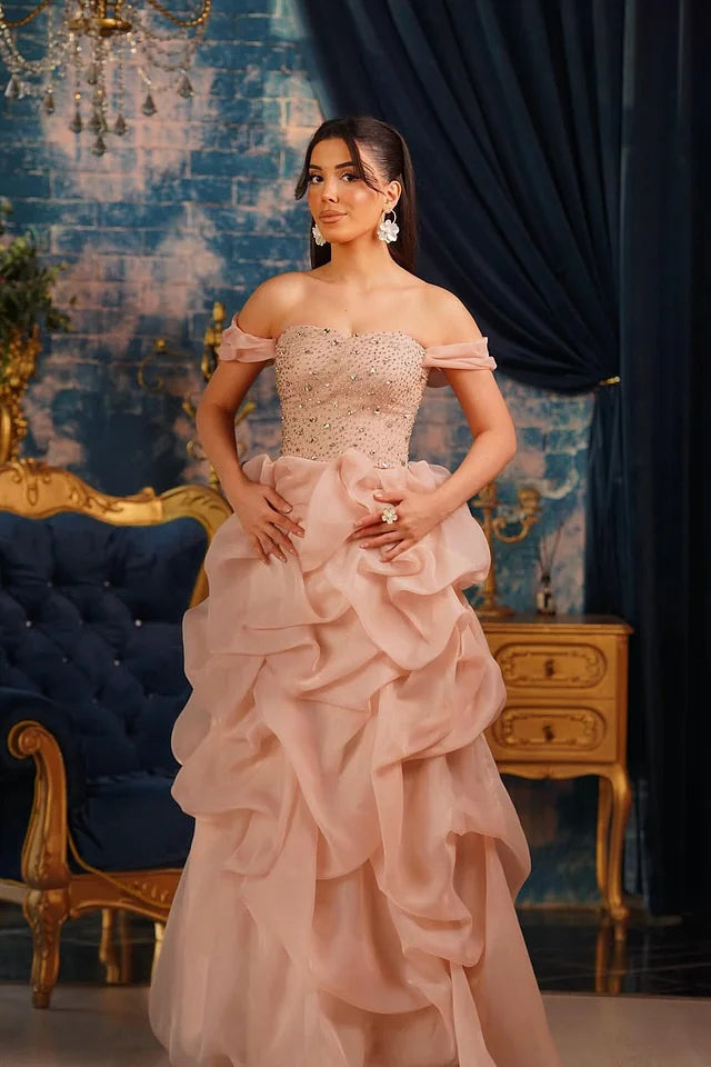 Sparkling Sweetheart Off-The-Shoulder Organza Prom Dresses Sheath Long With Gem