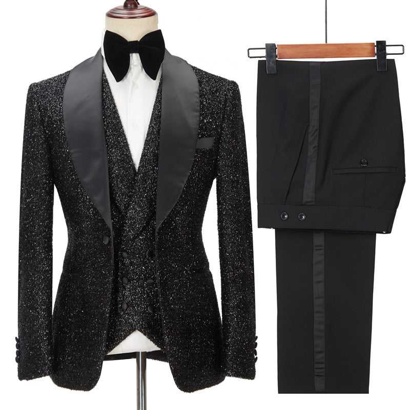 Sparkly Black Three Pieces Shawl Lapel Bespoke Wedding Suit for Men