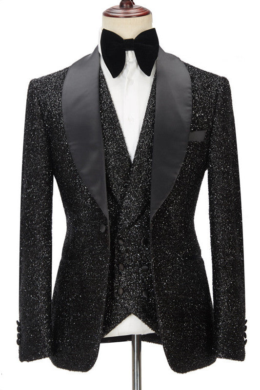 Sparkly Black Three Pieces Shawl Lapel Bespoke Wedding Suit for Men