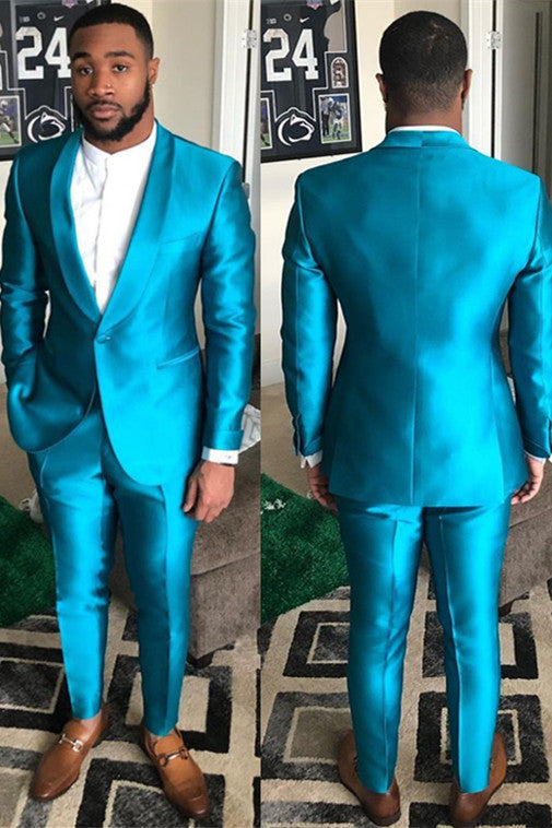 Sparkly Blue Shawl Lapel One Button Slim-Fit Men Suits for Prom