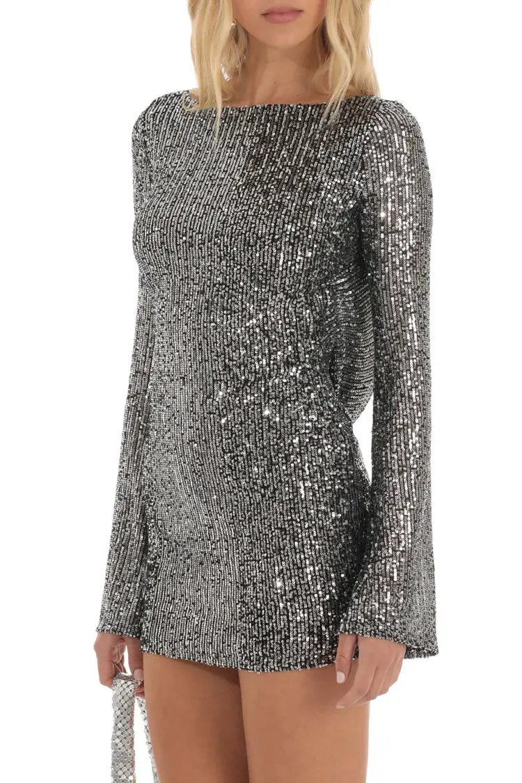 Sparkly Backless Sequin Mini Dress with Bell Sleeves - Fashionpara