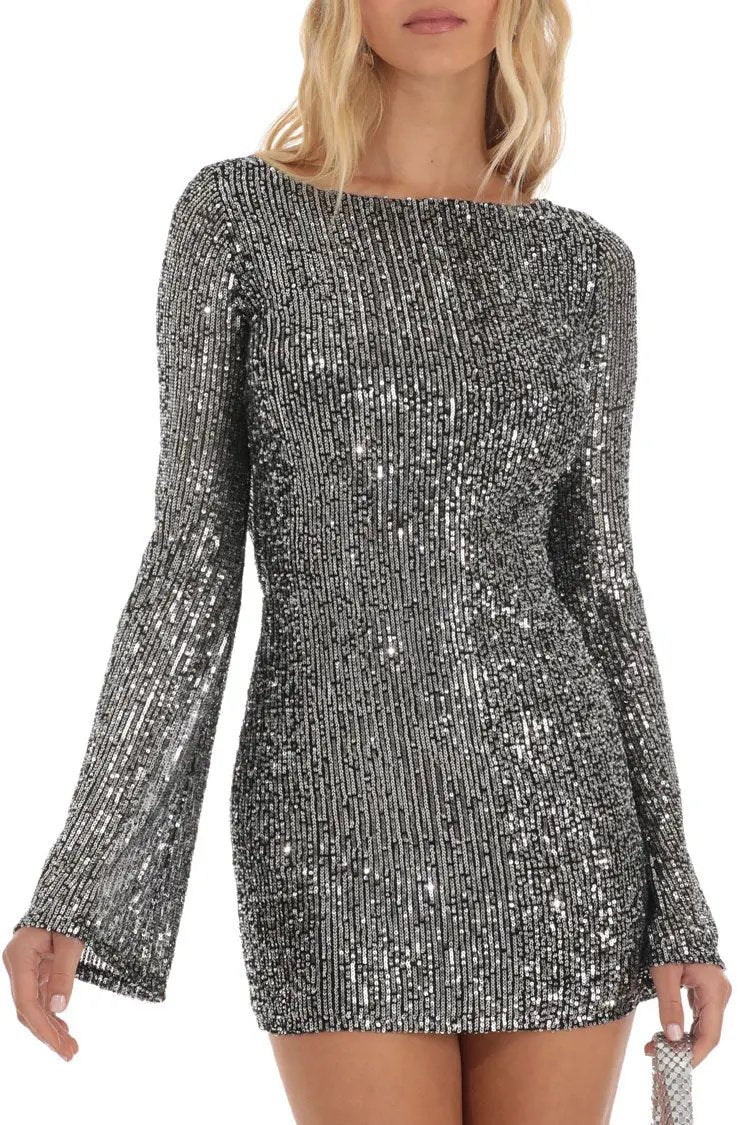 Sparkly Backless Sequin Mini Dress with Bell Sleeves - Fashionpara