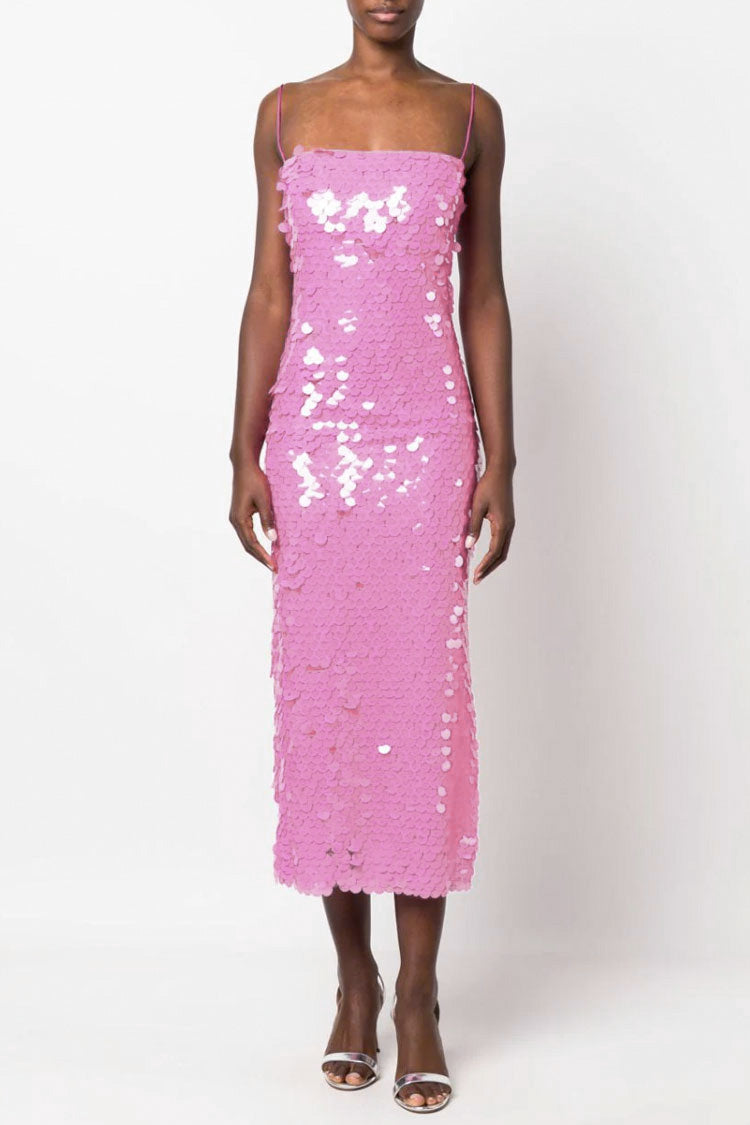Sparkly Mermaid Sequin Spaghetti Strap Split Evening Maxi Dress - Hot Pink