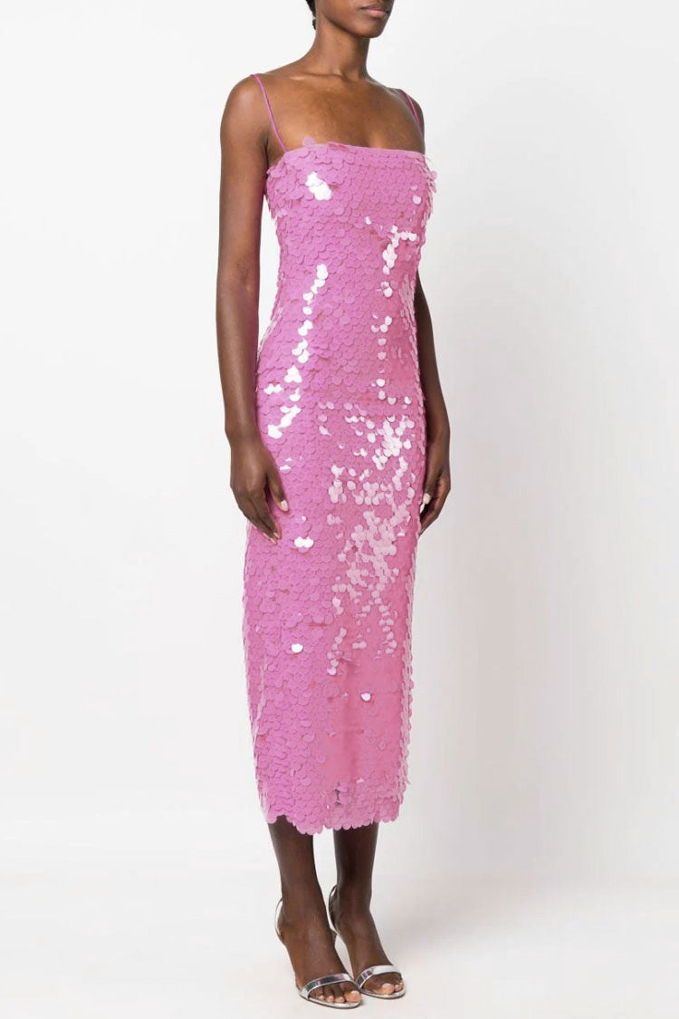 Sparkly Mermaid Sequin Spaghetti Strap Split Evening Maxi Dress - Hot Pink