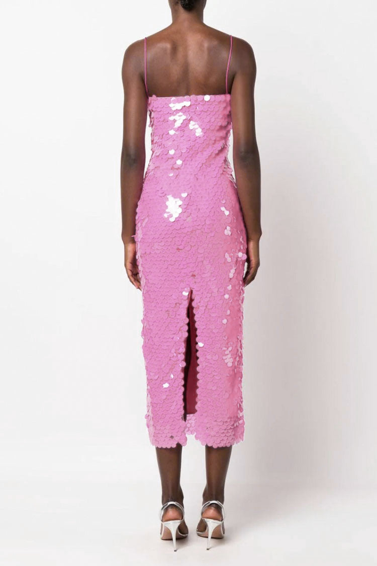 Sparkly Mermaid Sequin Spaghetti Strap Split Evening Maxi Dress - Hot Pink