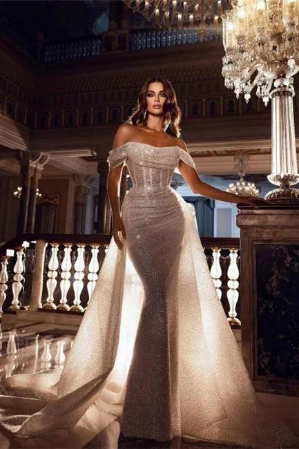 Sparkly Off-the-Shoulder Sequins Mermaid Bridal Dress with Detachable Sweep Train (ZD16393) - View 3 | VelvetHem