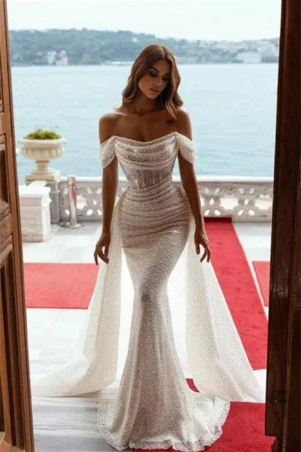 Sparkly Off-the-Shoulder Sequins Mermaid Bridal Dress with Detachable Sweep Train (ZD16393) - VelvetHem