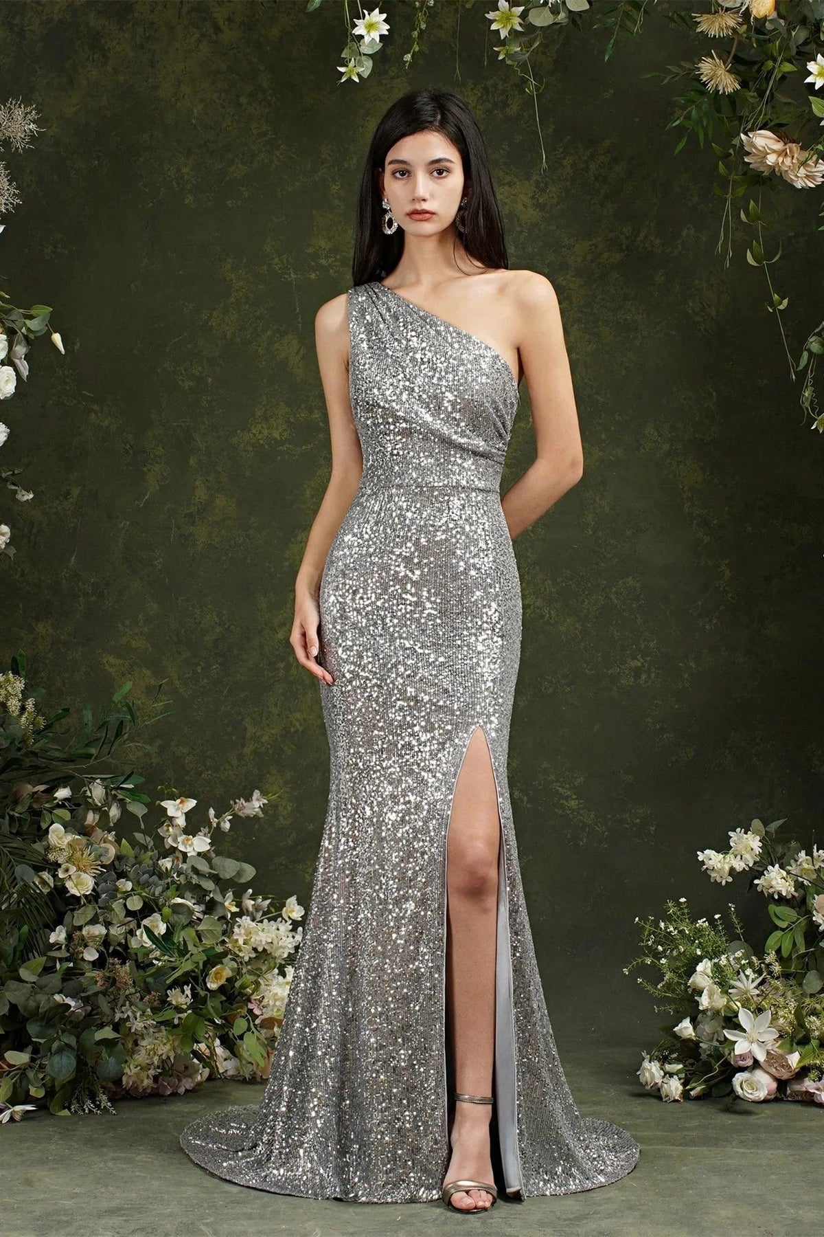 Sparkly One Shoulder Sequins Mermaid Floor-length Bridesmaid/Prom Dress With Side Slit (ZD13149)