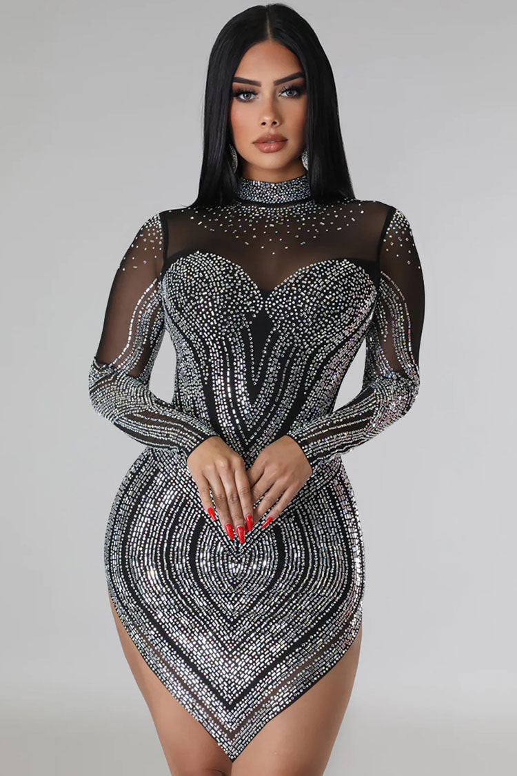 Sparkly Rhinestone Mock Neck Long Sleeve Hanky Hem Party Mini Dress - Black - Fashionpara