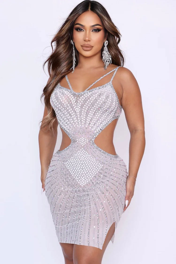 Backless Sheer Mesh Sparkly Rhinestone Party Mini Dress - Fashionpara