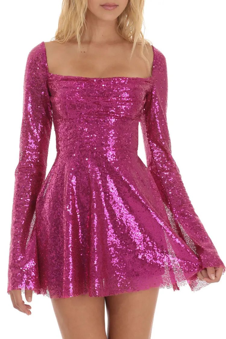 Sparkly Backless Pleated Mini Dress with Bell Sleeves - Fashionpara