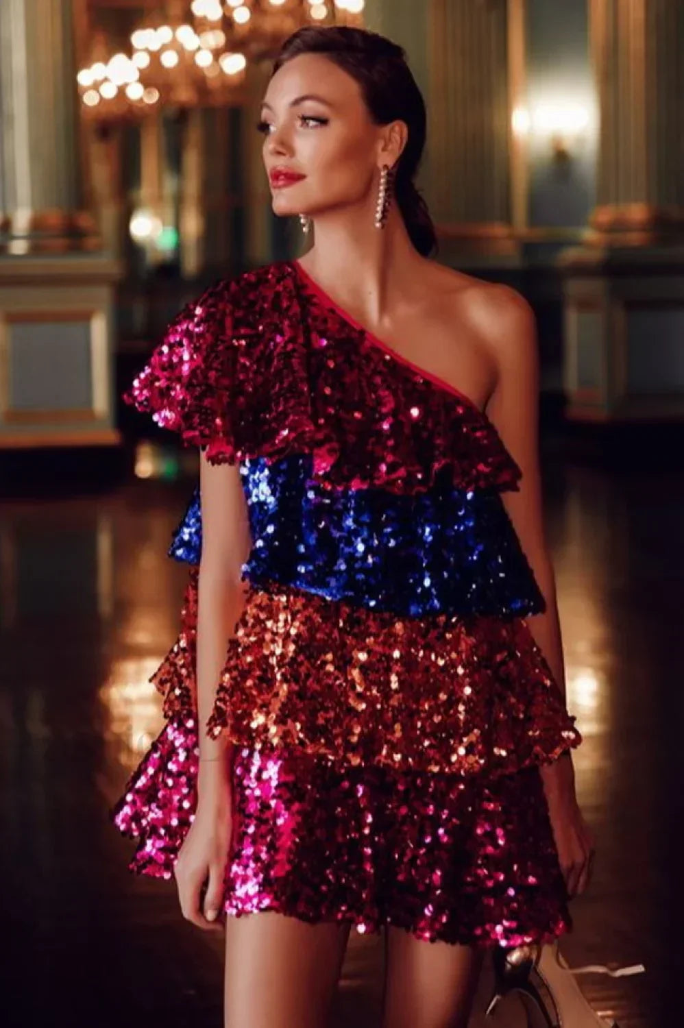 Sparkly Sequined One Charming Shoulder Mini Dress