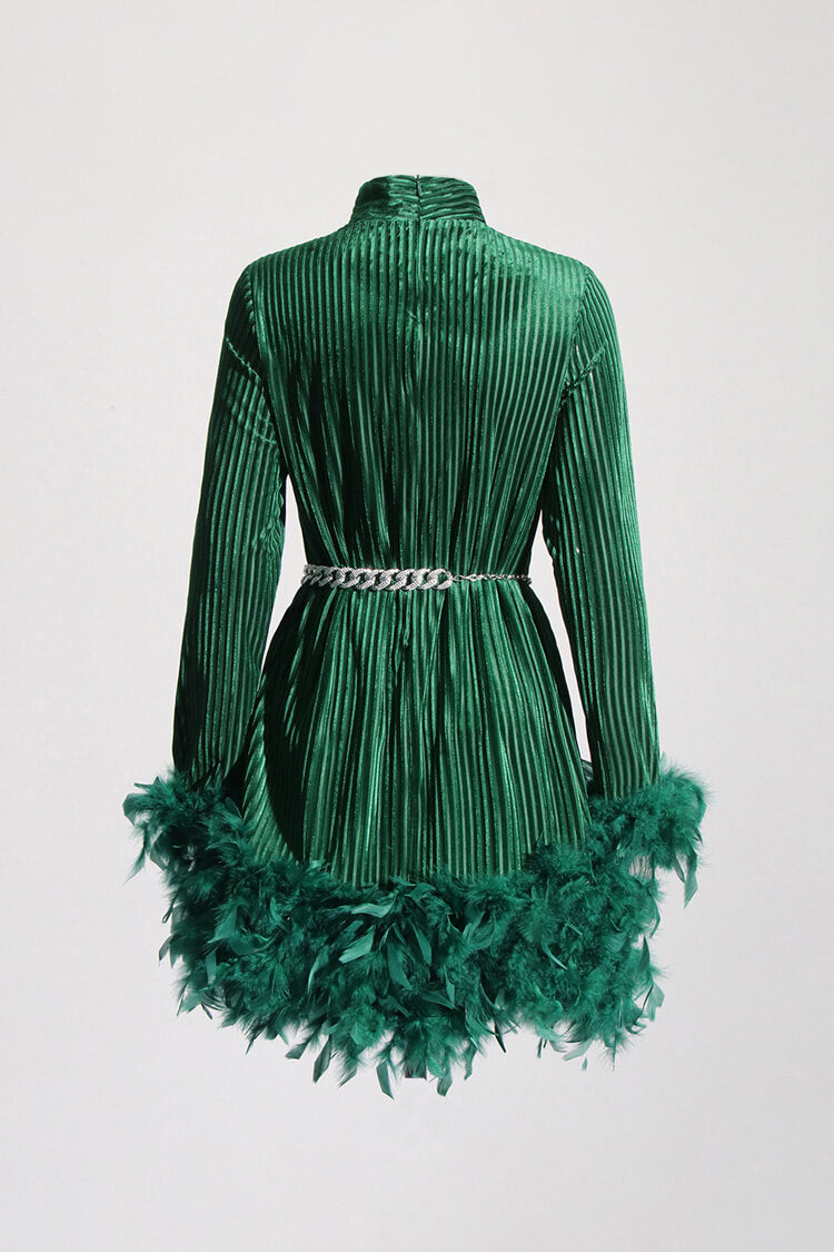 Sparkly Tennis Chain Striped Sheer Velvet Feather Trim Party Mini Dress - Fashionpara