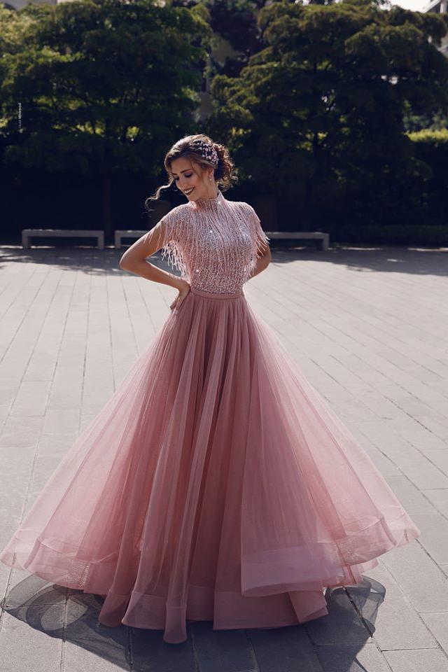 Special High Neck Tassel Beading Cap Sleeves Princess Prom Dresses Blushing Pink Evening Gowns