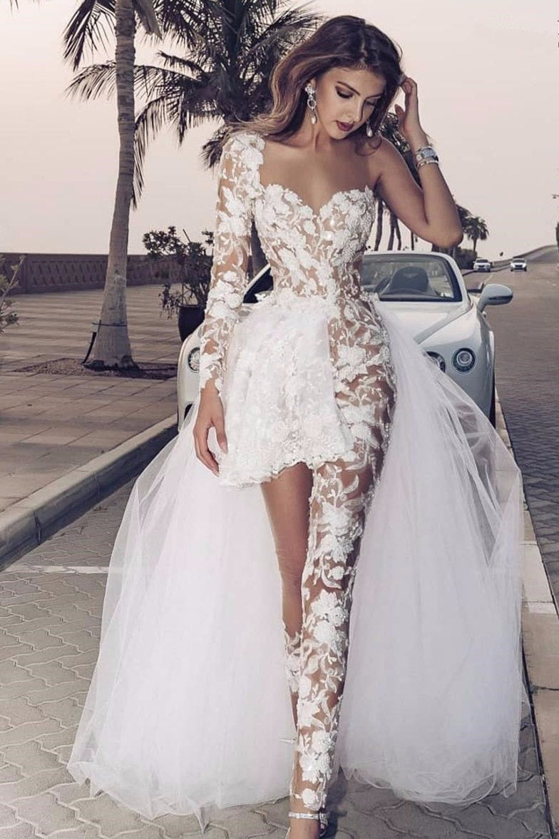 Special Two-piece Tulle Hi-lo Wedding Dress Lace Short Sexy One-Shoulder With Long Sleeve On One Side