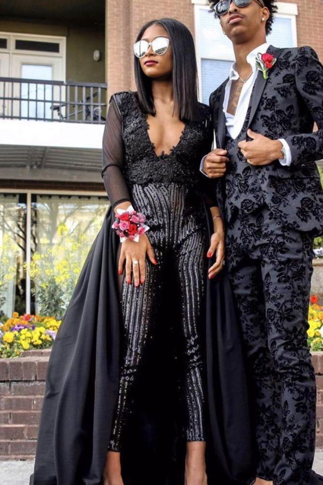 Special V-Neck Long Sleevess Lace Prom dresses with Sequins Trousers Floor-Length