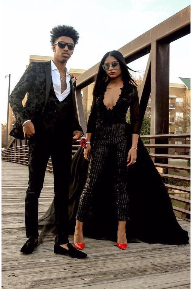 Special V-Neck Long Sleevess Lace Prom dresses with Sequins Trousers Floor-Length