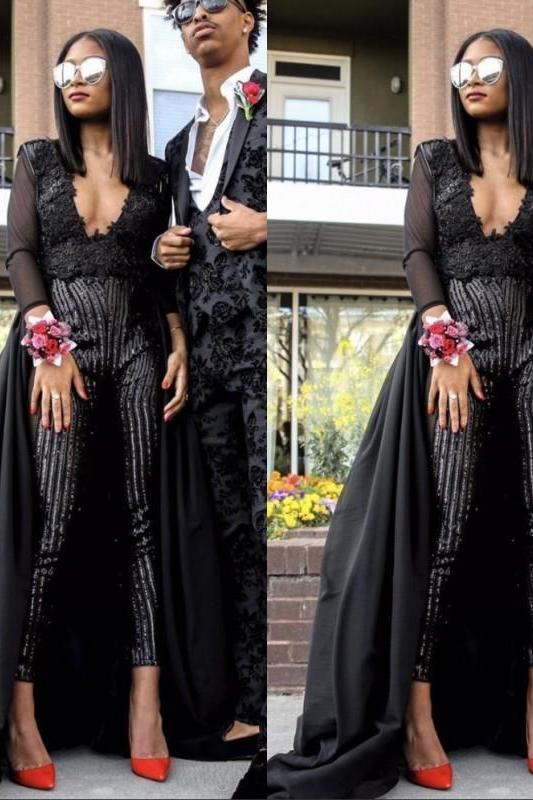 Special V-Neck Long Sleevess Lace Prom dresses with Sequins Trousers Floor-Length