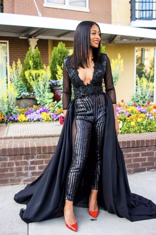 Special V-Neck Long Sleevess Lace Prom dresses with Sequins Trousers Floor-Length