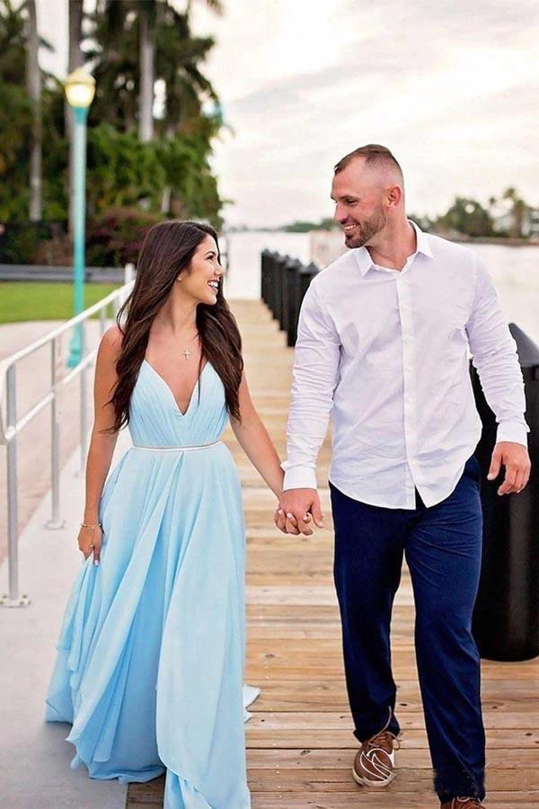 Split Sky Blue Rustic Wedding Dresses Beach Wedding Gown with Court Train (ZD16282)