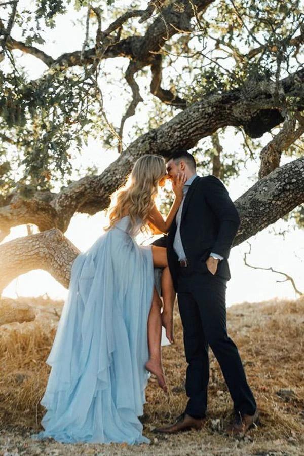 Split Sky Blue Rustic Wedding Dresses Beach Wedding Gown with Court Train (ZD16282)
