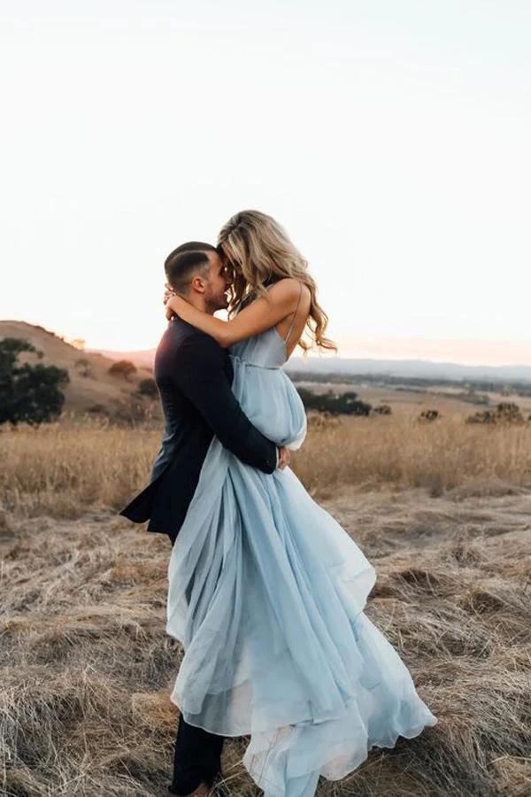Split Sky Blue Rustic Wedding Dresses Beach Wedding Gown with Court Train (ZD16282)