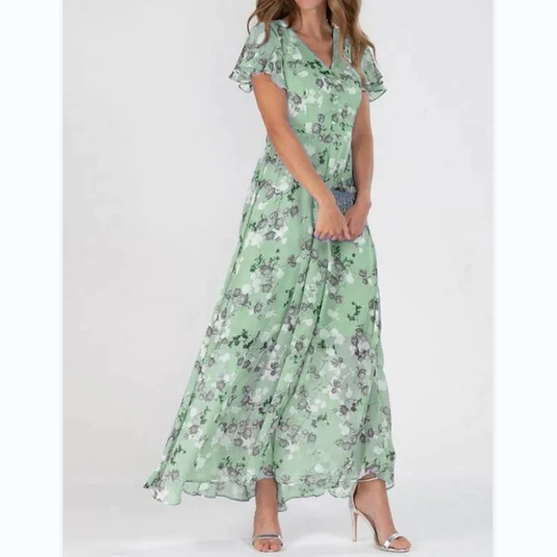 Sara Effortless Long Dress with Short Sleeves and Floral Print Statement Occasion Edit