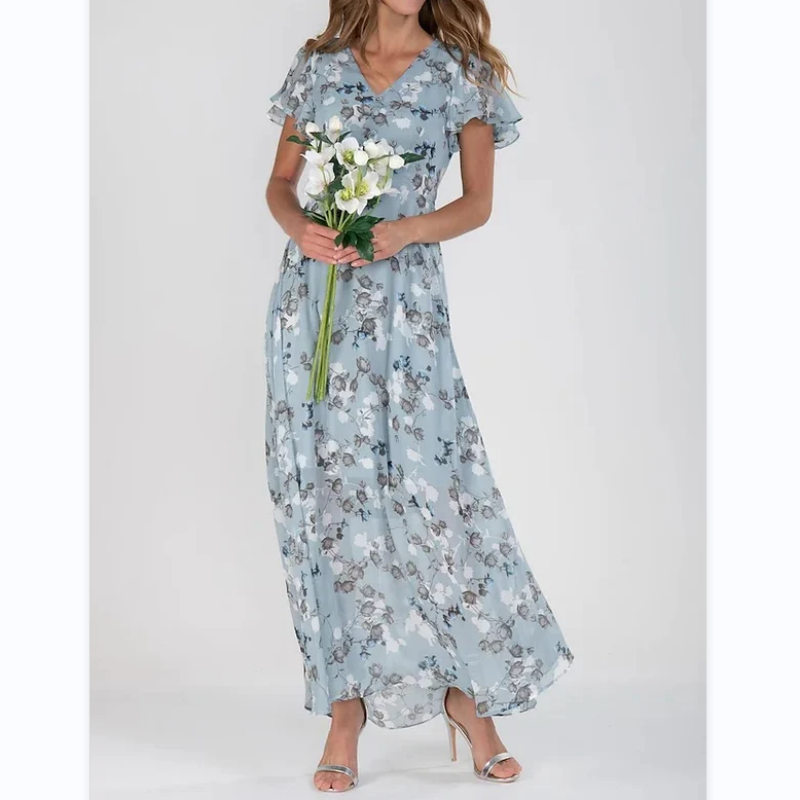 Sara Effortless Long Dress with Short Sleeves and Floral Print Statement Occasion Edit
