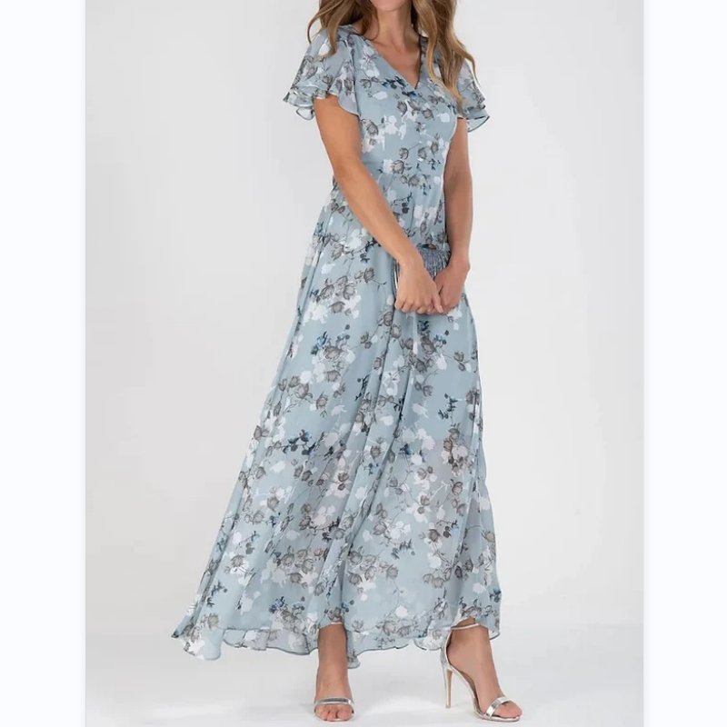 Lucrecia Exclusive Long Dress with Short Sleeves and Floral Print Statement Occasion Edit