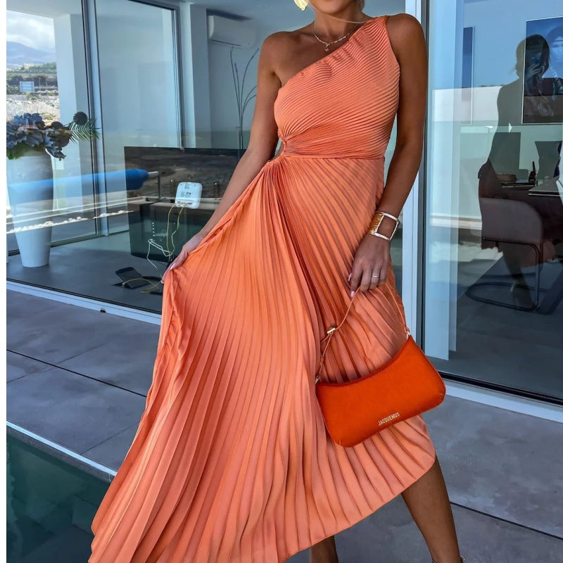 Alejandra Chic One Shoulder Pleated Maxi Dress with Hemstitching Evening Wear Edit