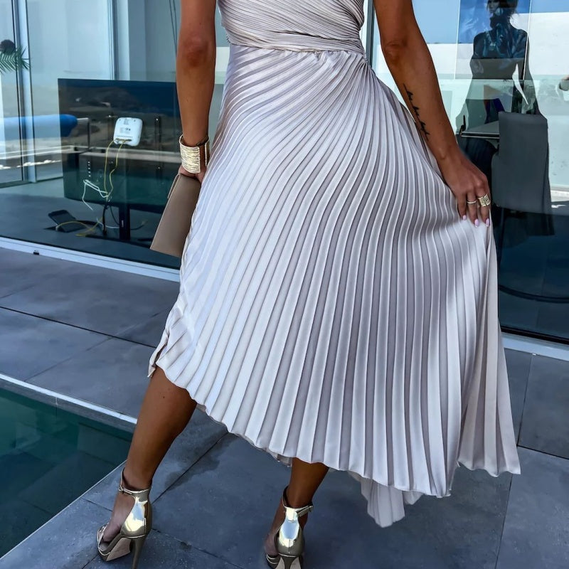 Alejandra Chic One Shoulder Pleated Maxi Dress with Hemstitching Evening Wear Edit