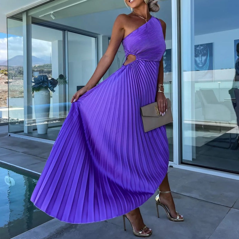 Alejandra Chic One Shoulder Pleated Maxi Dress with Hemstitching Evening Wear Edit