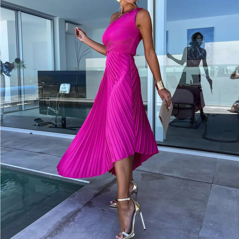 Alejandra Chic One Shoulder Pleated Maxi Dress with Hemstitching Evening Wear Edit