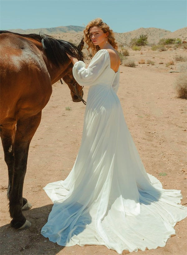 Square Neckline Chic A-Line Wedding Dress Long Sleeves Chiffon Sweep Train