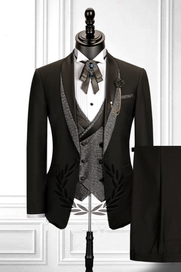 Stitching Shawl Lapel Black Three-piece Men Suit with Double Breasted Waistcoat