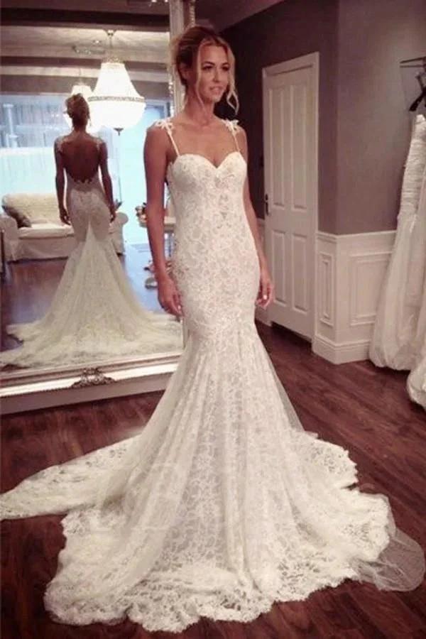 Strap Sweetheart Backless Mermaid Lace Wedding Dress Ball Gown (ZD16045)