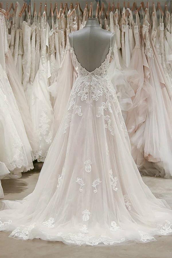 Strap V Neck Beach Wedding Dresses Backless Ivory Tulle Wedding Dress (ZD16369)