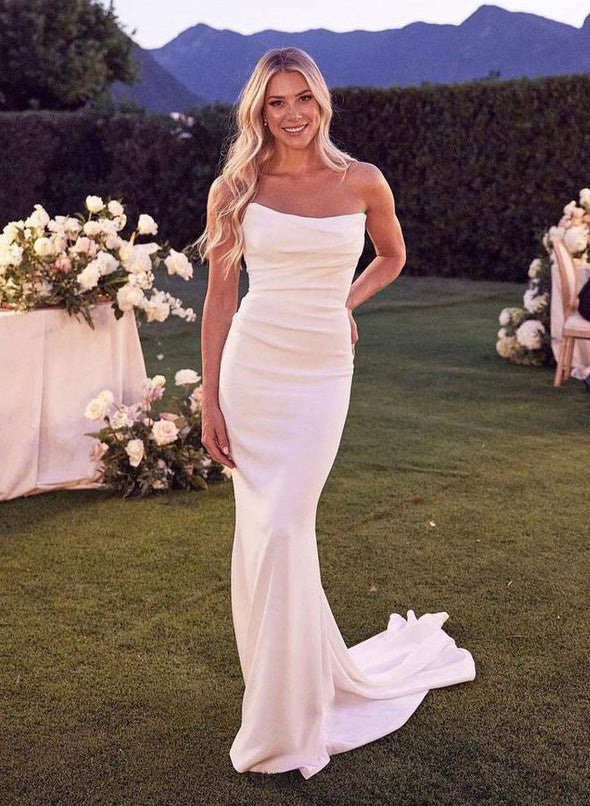 Strapless Mermaid Fitted Wedding Dresses Elastic Satin Sweep Train for Summer Beach