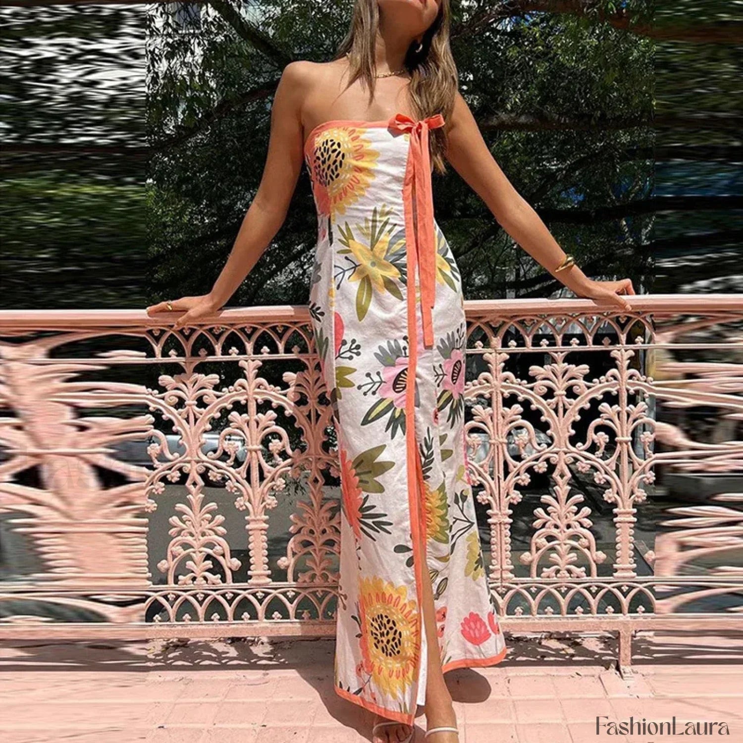 Elegant Strapless Split Floral Dress for Modern Fashion Wear