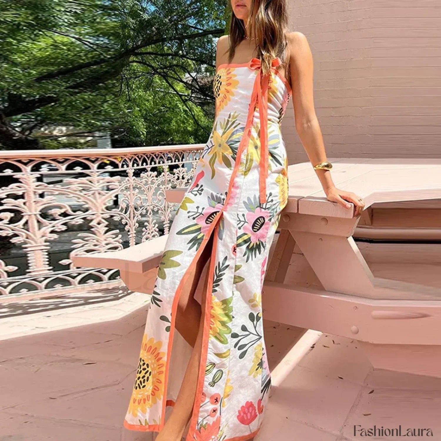 Elegant Strapless Split Floral Dress for Modern Fashion Wear