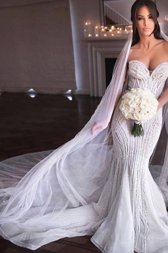 Strapless Sweetheart Beads Mermaid Wedding Dresses Appliques Tulle Bridal Gowns