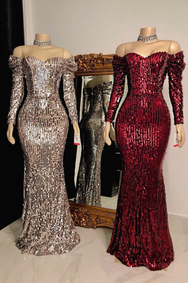 Strapless Sweetheart Sequins Floor-Length Mermaid Evening Dresses with Sleeves