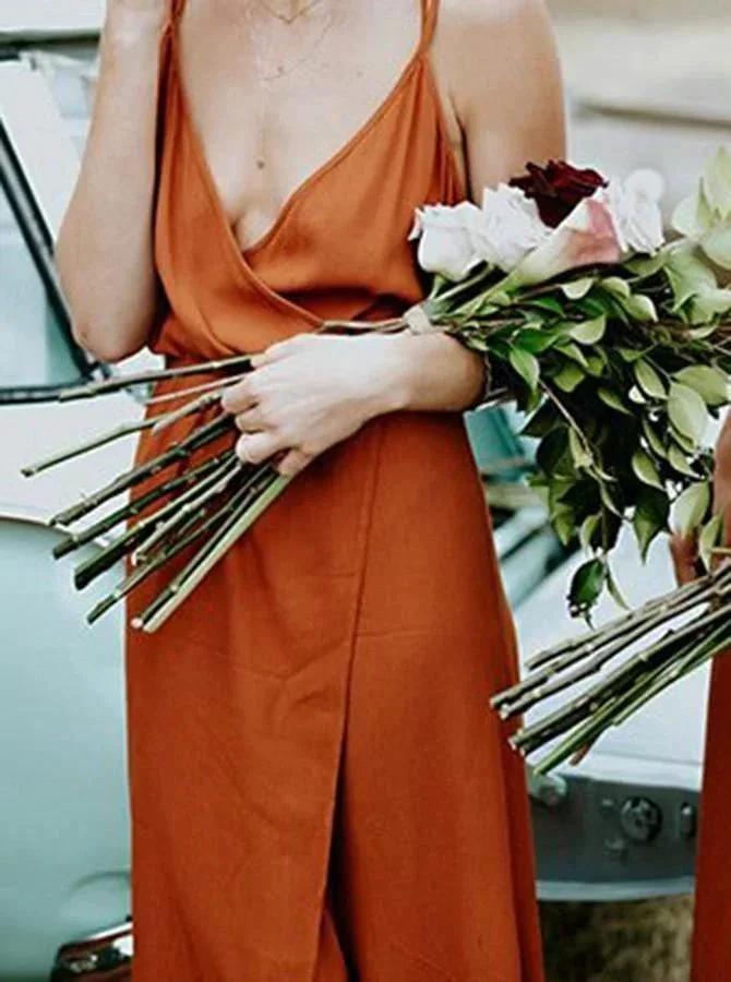 Straps A-Line V-Neck Orange Chiffon Bridesmaid Dress with Split (ZD13239)
