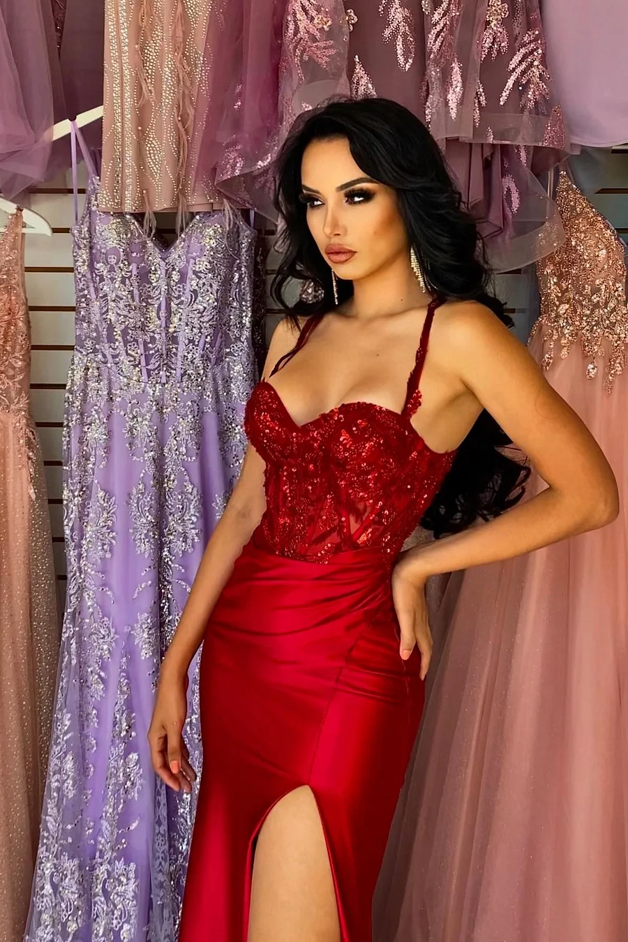 Straps Burgundy Sweetheart High Split A-Line Floor-Length Prom Dresses