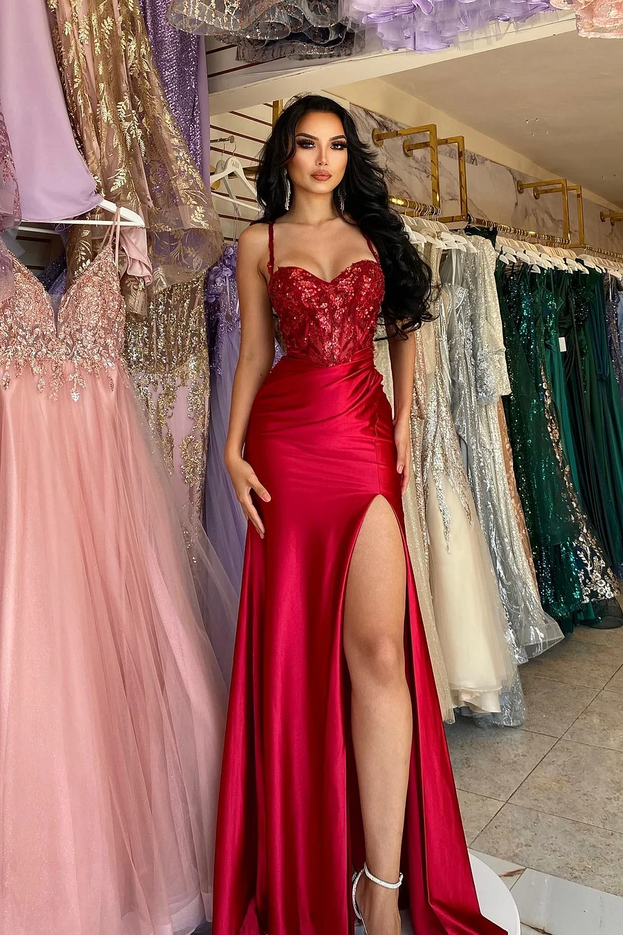 Straps Burgundy Sweetheart High Split A-Line Floor-Length Prom Dresses