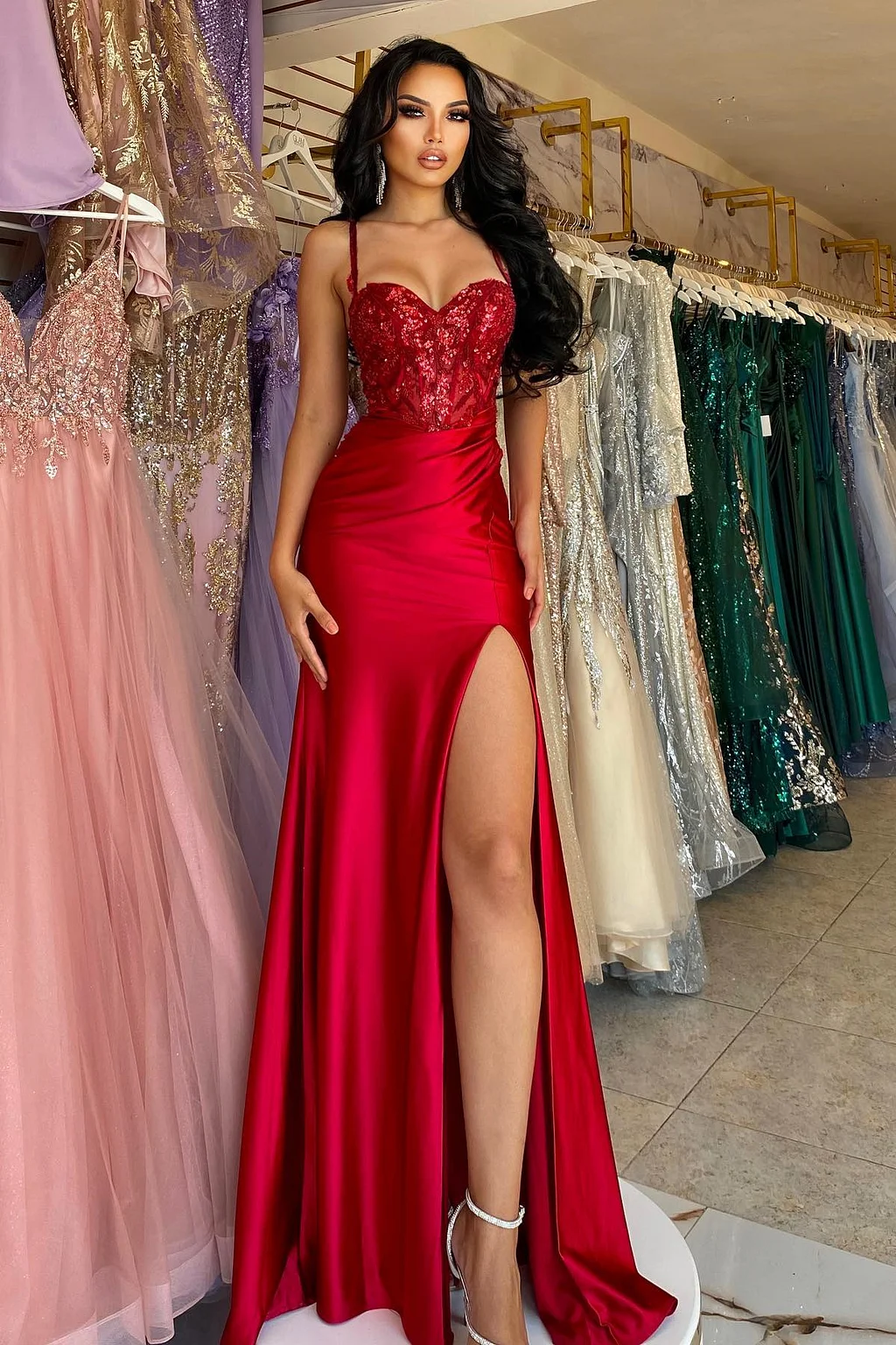 Straps Burgundy Sweetheart High Split A-Line Floor-Length Prom Dresses