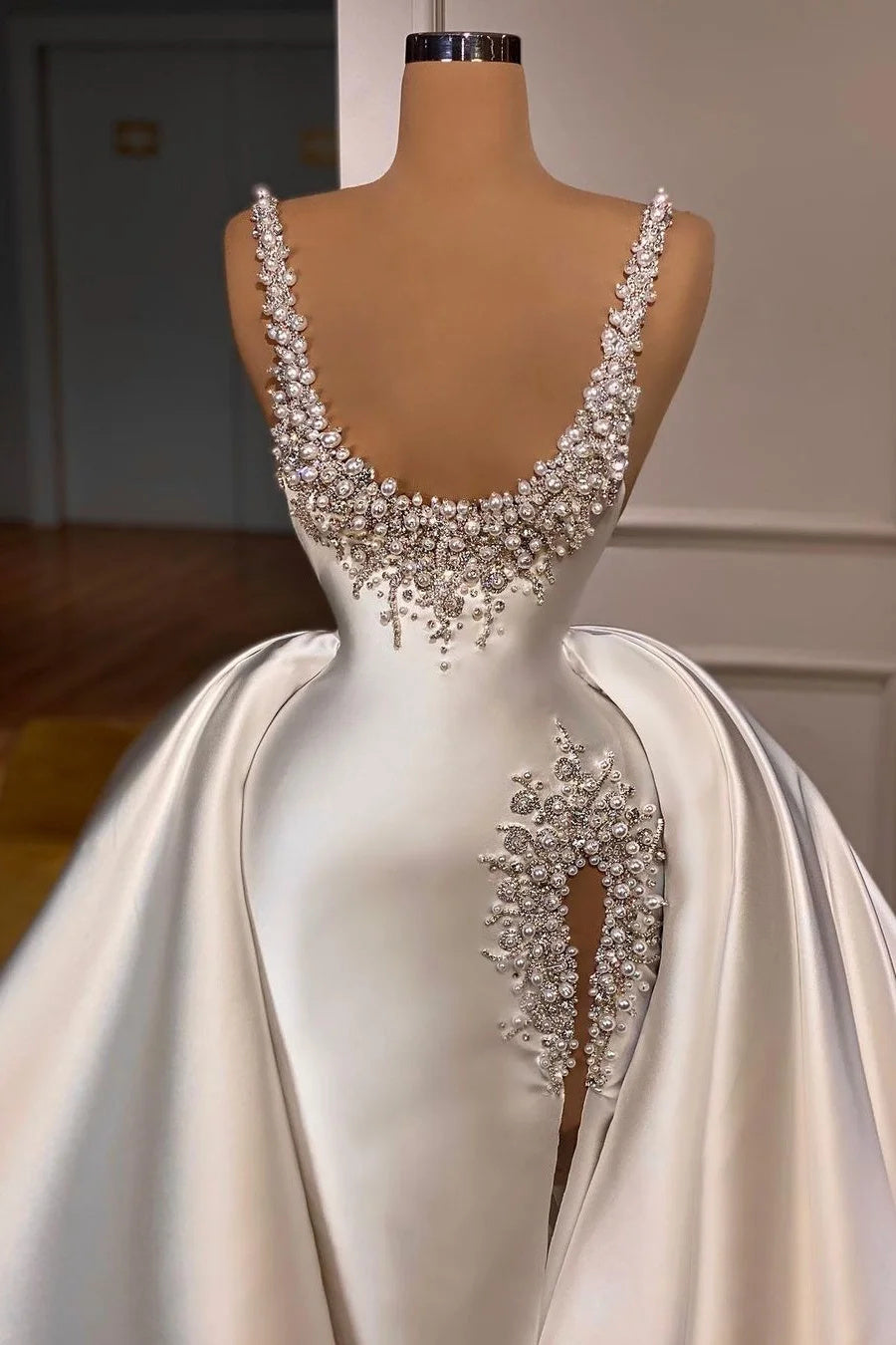Straps Pearls Beaded Hot Mermaid High Split Wedding Dresses with Overskirt